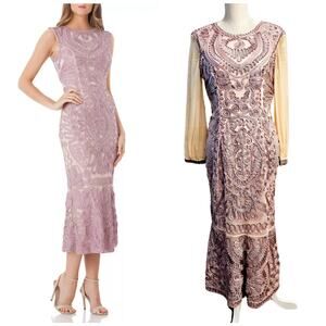 JS Collection RARE Soutache Purple Lace Sheer Sleeve Midi Flute Dress $350 Sz 12